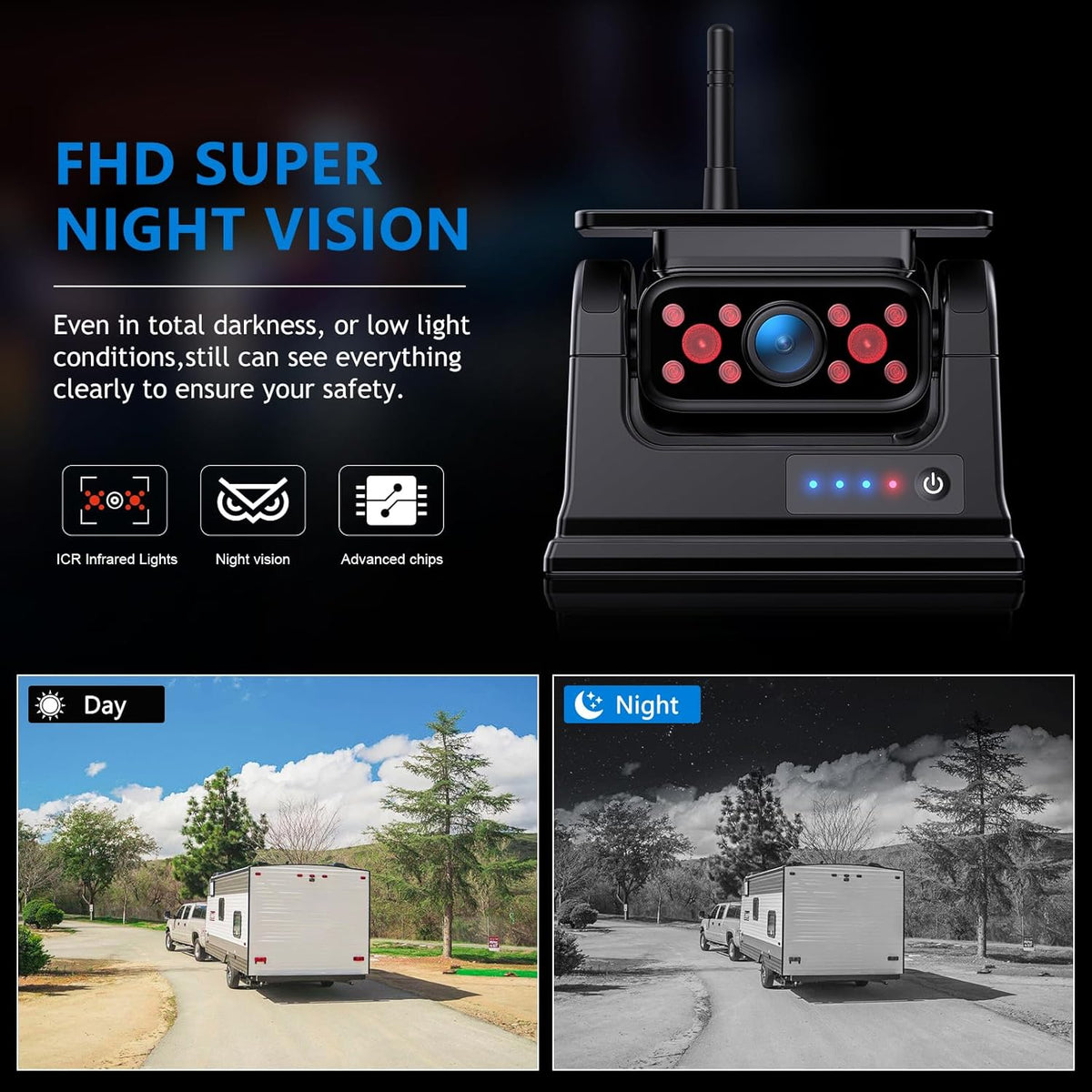 WiFi Magnetic Solar Wireless Backup Camera, 10500mAh Rechargeable 1080P Rear View Camera for Truck RV Trailer Car, DVR Recording Night Vision IP69 Waterproof, App for Phone iOS Android AP1 DVKNM