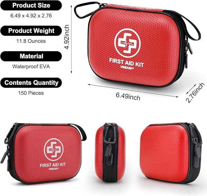 Mini First Aid Kit - 150 Piece Small Waterproof Hard Shell Medical Kit for Home, Car, Travel, Camping, Truck, Hiking, Sports, Office, Vehicle & Outdoor Emergencies- Small First Aid Medical Kit (Red)