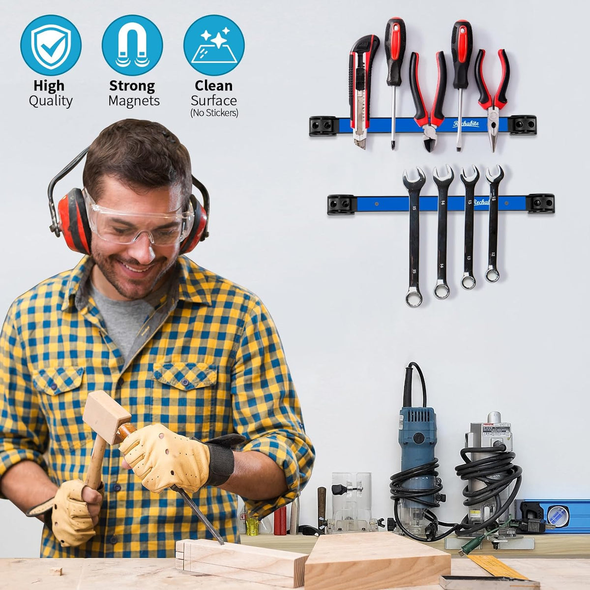 6 Pieces 12" Magnetic Tool Holder Strip, Blue Magnet Bar, Metal Tool Organizer Rack for Garage Organization, Easy To Install in Workshop, Mounting Screws Included