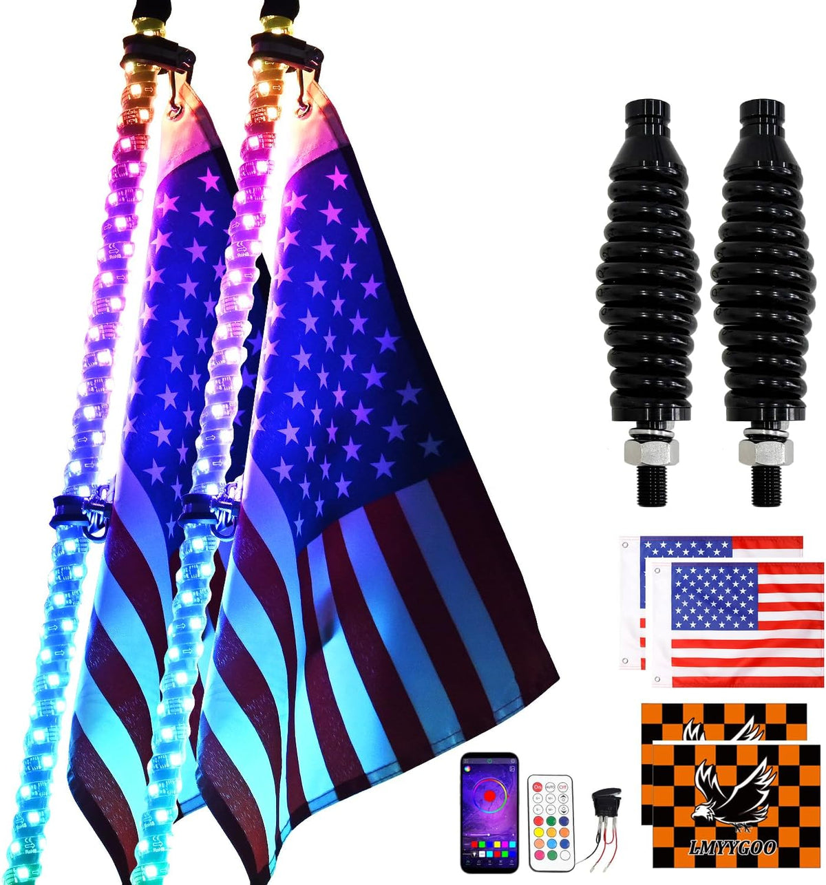 2PCS 3FT RGB LED Whip Light with Spring Base Remote App Control w/DIY Chasing Patterns Turn Signal & Brake Lights for ATV, UTV, Polaris, RZR, Can-am