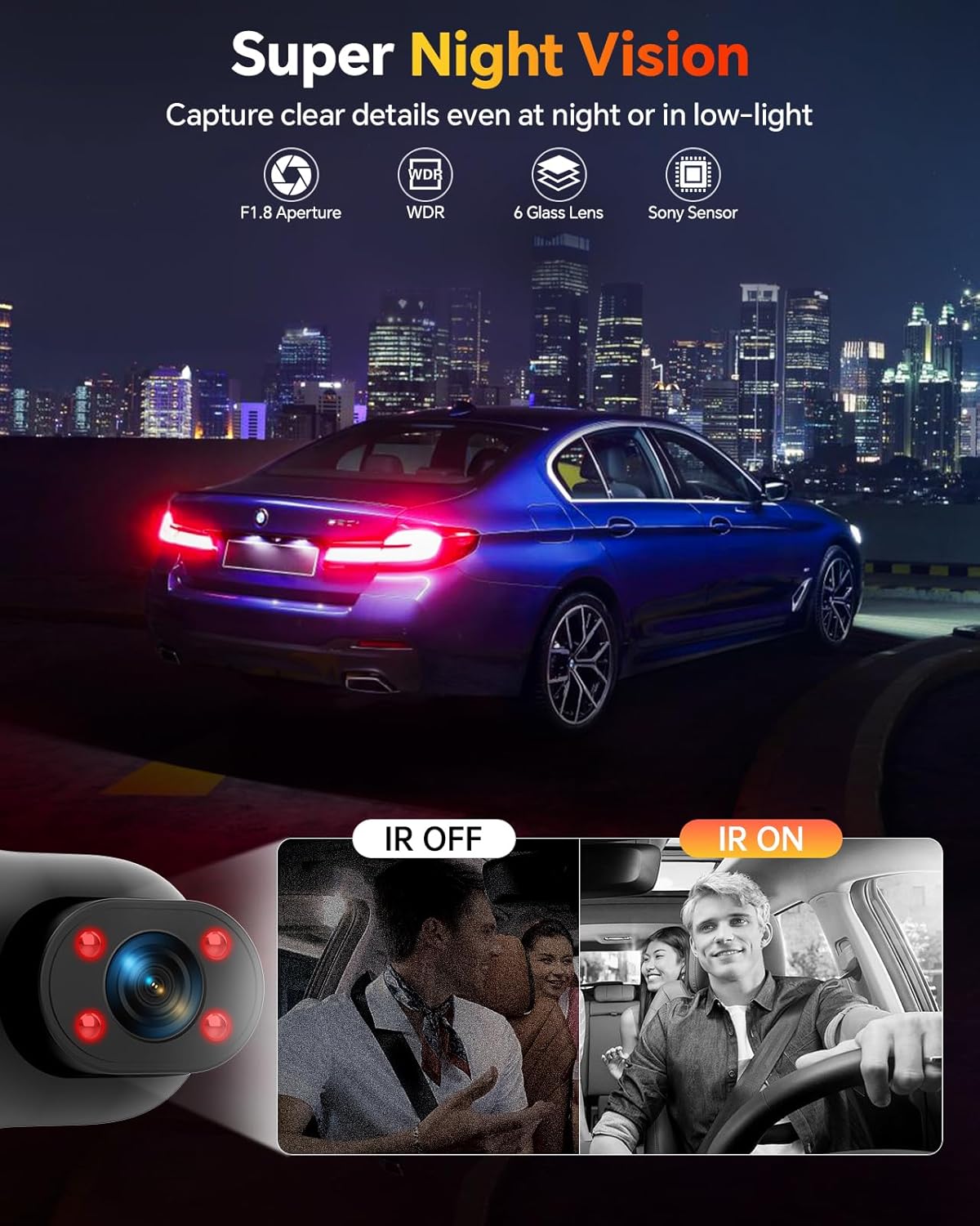 Dash Cam Front and Rear Inside, 1080P 3 Channel Dash Camera for Cars with 64GB Card, Super Night Vision Dashcam, Car Camera with Loop Recording, G-Sensor, WDR, 24H Parking Monitor
