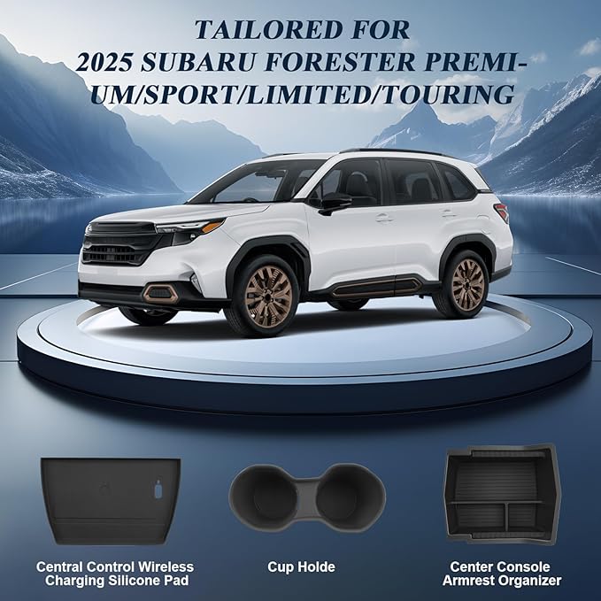 BIBIBO for 2025 Subaru Forester Center Console Organizer 2025 2026 Subaru Forester Console Armrest Tray+Cup Holder +Wireless Charging Mat 2025 Forester Insert Organizer 2025 Forester Accessories