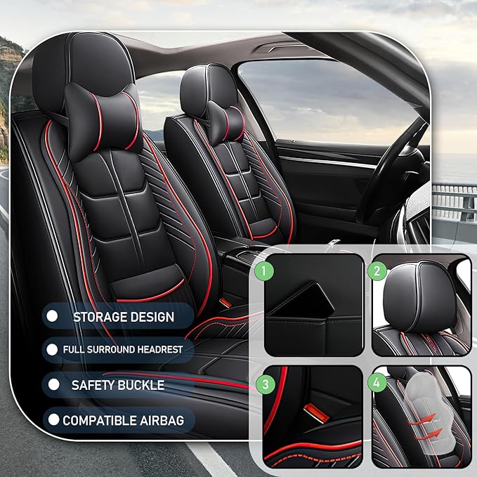 Leather Car Seat Covers Fit for Toyota Sienna 1997-2024, 5 Seater Car Seat Cover, Premium Waterproof, Scratch Resistant Car Interior Accessories (Full Set with Pillow Black Red)