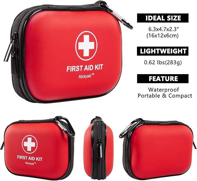 Mini First Aid Kit - 120 Piece Small Waterproof Hard Shell Medical Kit for Car, Home, Office, Travel, Camping, Sports, Outdoor, School - Emergency First Aid Supplies and Survival Kit (Red)