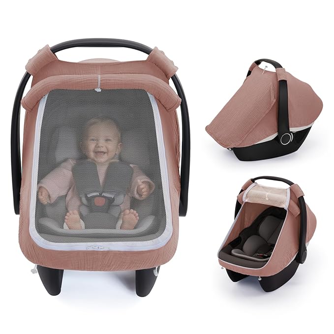 Blissful Diary Baby Car Seat Cover, Extra Large Mesh Window, Breathable Muslin Cotton, Infant Windproof Canopy-Dusty Pink