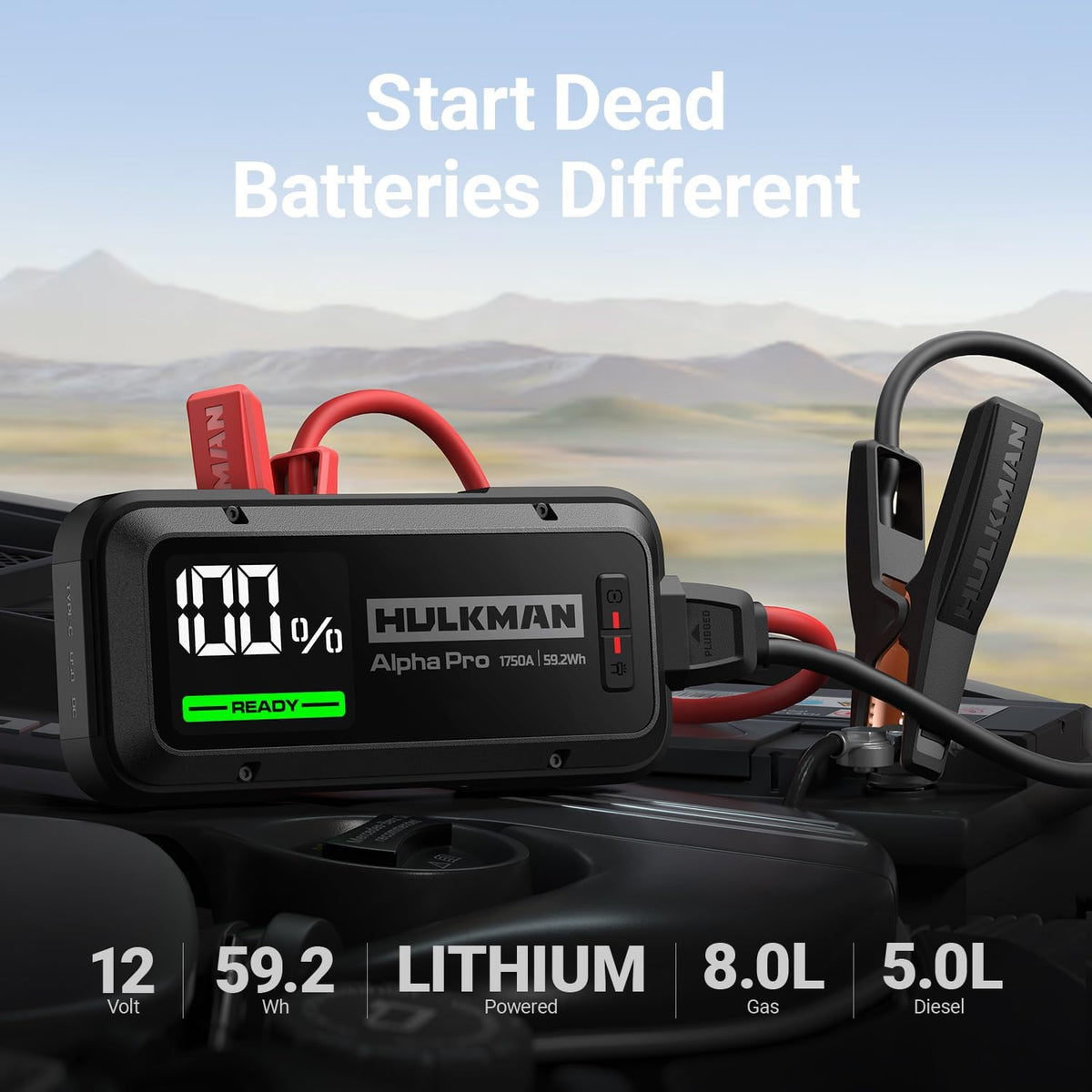Hulkman Alpha Pro Solid Black, 1750A 59.2Wh Car Jump Starter Portable, High-Capacity Battery Booster & Jumper Cables, 3.3" Display Jump Box, PD65W in&Out, 12V Battery Pack for 8.0L Gas/5.0L Diesel