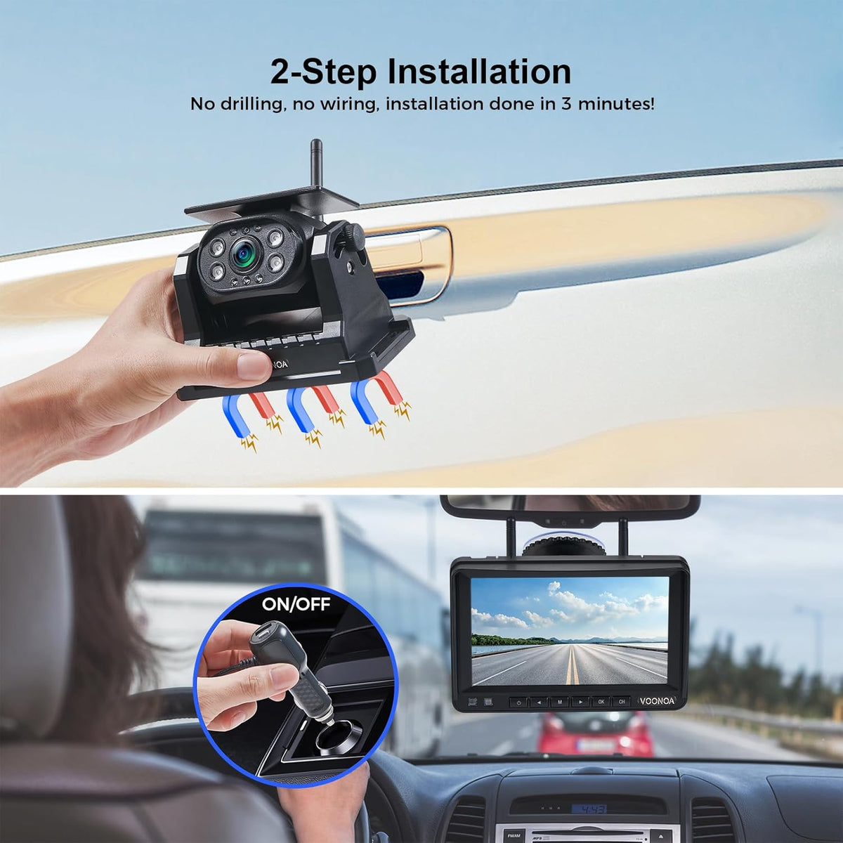 Wireless Magnetic Backup Camera, 9600mAh Battery Powered Rechargeable Waterproof HD Solar Back Up Rear View Bluetooth Hitch Camera with 7 Inch 1080P Monitor System for Car Truck Trailer RV VN003