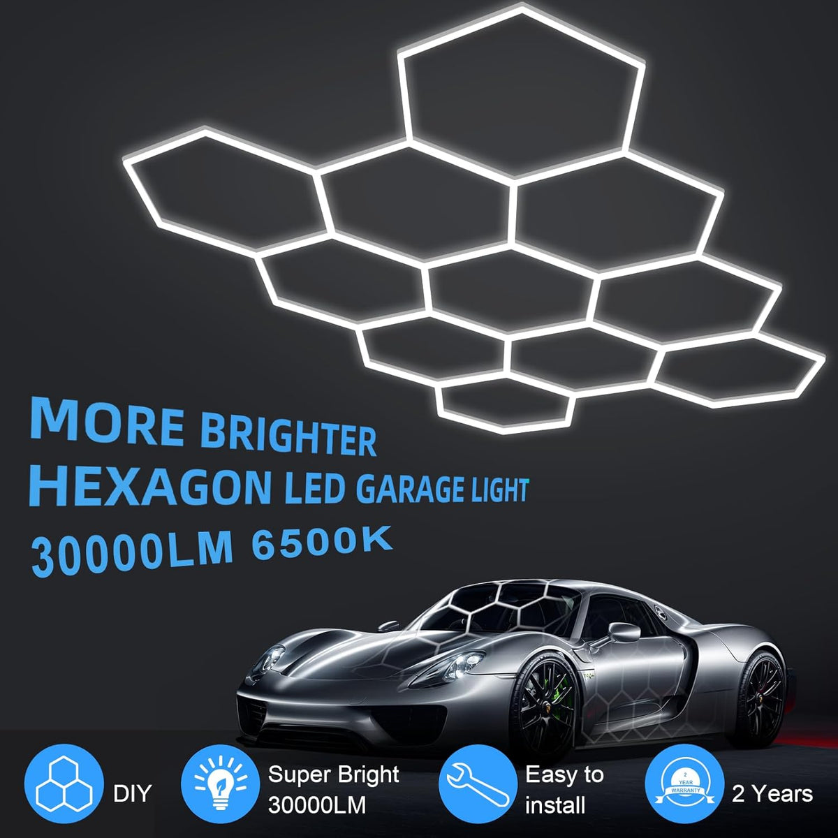 MODERN 11 Hexagon LED Garage Light, Ultra-Bright 6500K Natural White, 11 Grids for Garage, Mall, Shop, and Auto Detailing.