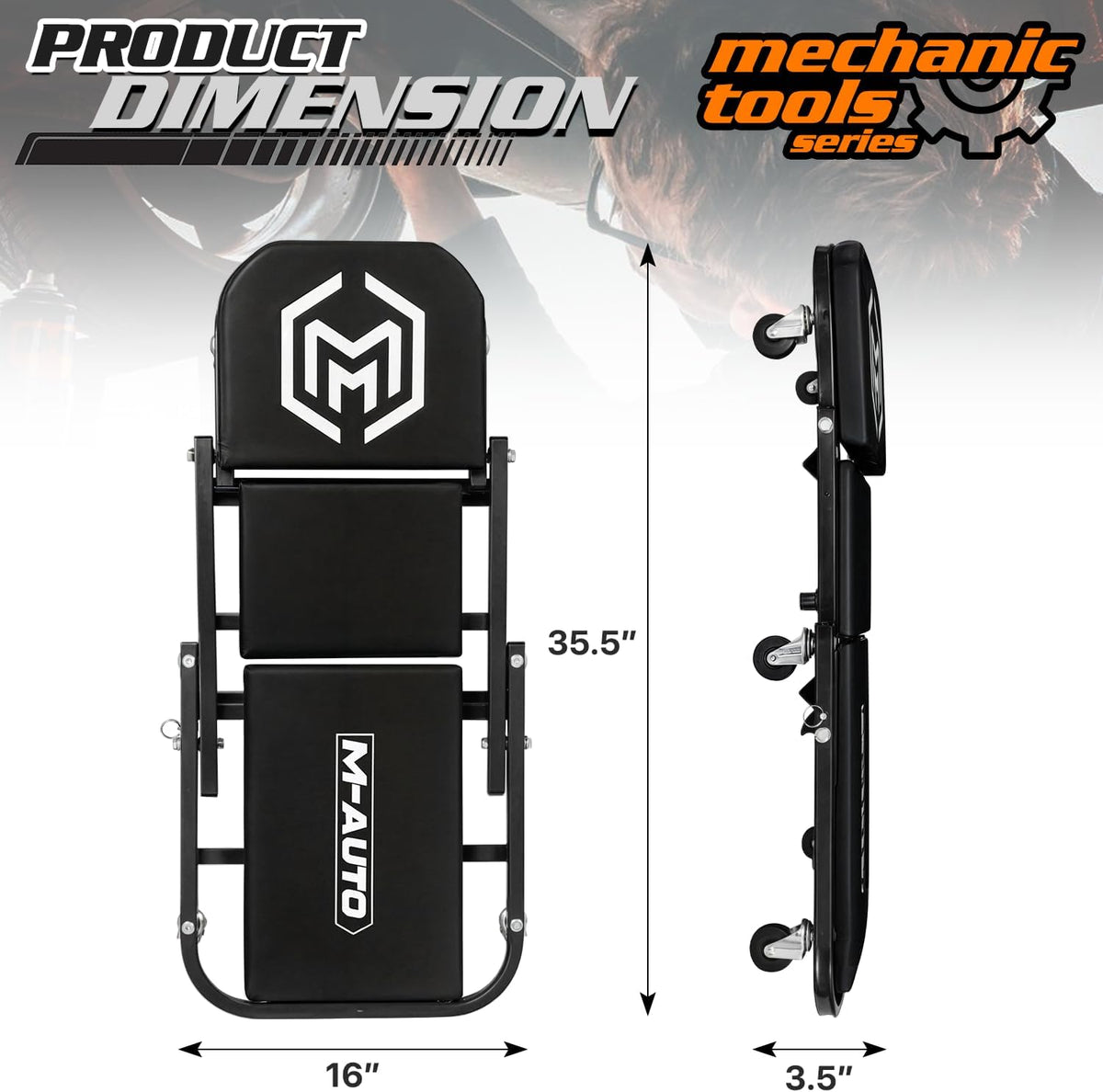 M-AUTO Foldable Z Creeper 2-in-1 Rolling Folding Car Creeper & Seat, 36" Adjustable Roller Garage Chair Lay Down or Sit, 330LBS Capacity Under Car Roller Creeper with 6 Swivel Casters, Black