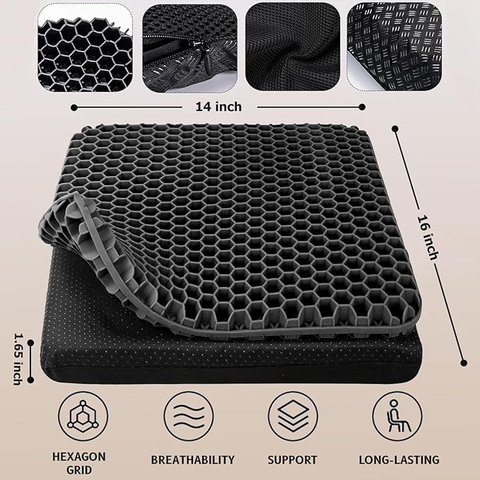 Gel Seat Cushion, Double Thick Egg Gel Cushion for Pressure Pain Relief, Breathable Wheelchair Cushion Chair Pads for Car Seat Office Chair (Black)