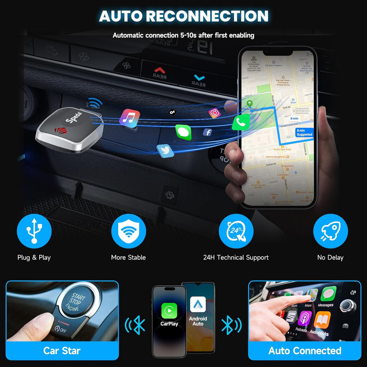 Spedal Wireless CarPlay & Android Auto Adapter, Plug & Play Dongle for iOS 10+/Android 11+, USB-A/C Support (2016+ Cars with Factory Wired Carplay)
