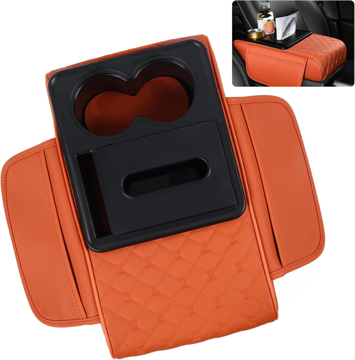 5 in 1 Car Armrest Storage Box for Center Console, Armrest Cushion Cover for Car with 2 Cup Holders Storage Bags, Tissue Box, Phone Slot, Premium Memory Foam with Nappa Leather, 14.2*7.9*2.8in, Orange