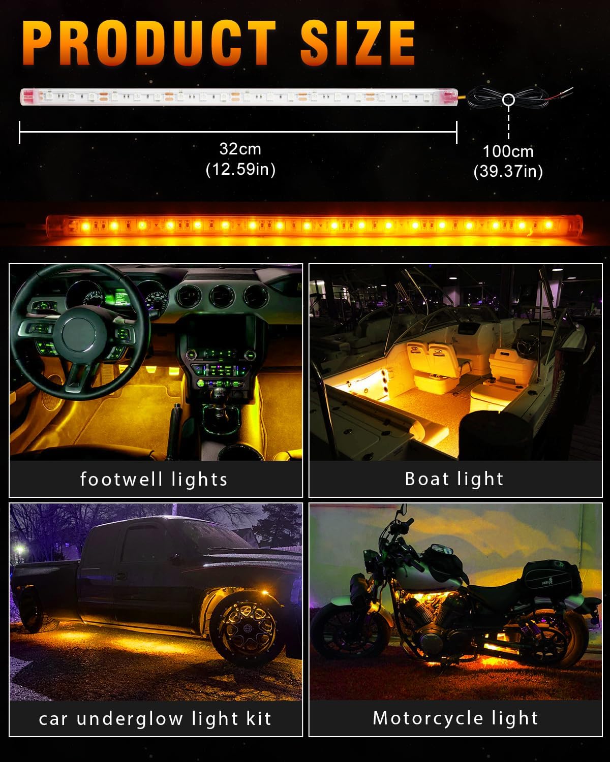 Qasim Car Led Strip Lights for Golf Cart Underglow Motorcycles Marine Boat Interior Exterior High Bright 5050 Chipset 32CM Waterproof IP67 12V Amber/Yellow, Pack of 6