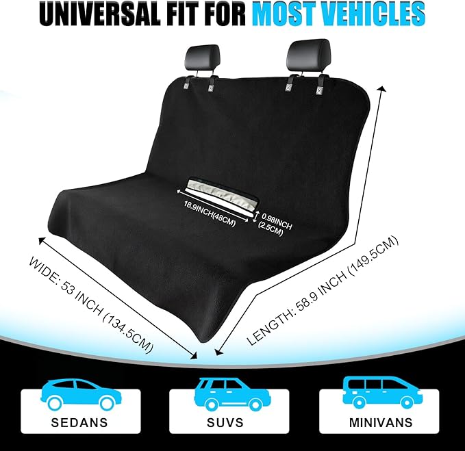Universal Waterproof Terry Cloth Car Back Seat Cover - Heavy Duty Sweat Towel Rear Seat Protector for Post-Gym, Yoga, Beach, Pets & Kids - Machine Washable, Non-Slip Backing, Black (55" x 29")