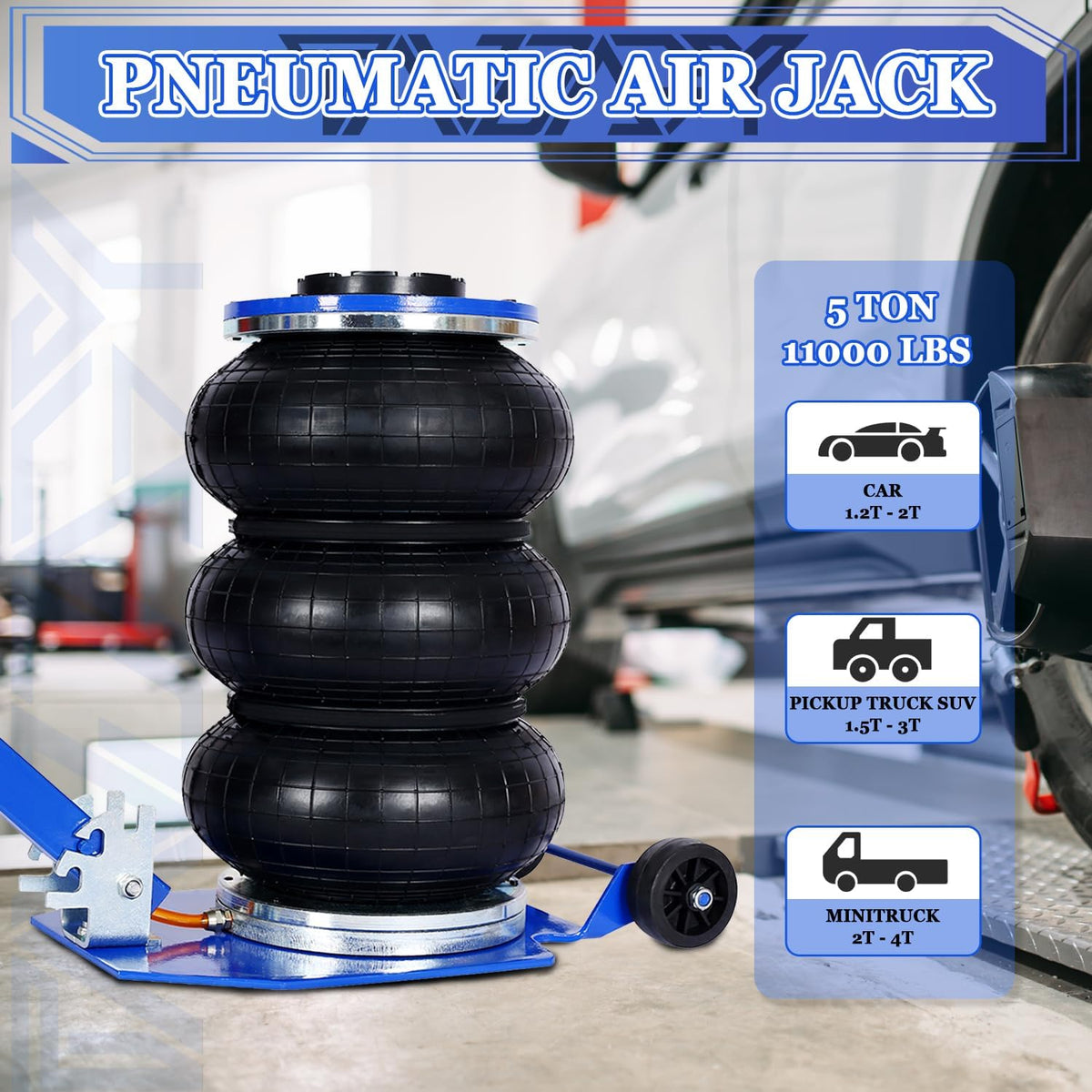 5T Triple Bag Air Jack 11000lbs Pneumatic Jack 3s Fast Lift Up 16in Airbag Jack with Adjustable Long Handle Heavy Duty Triple Air Bag Jack Lift for Cars Garage (Blue)