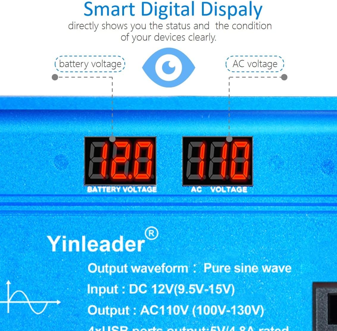 Yinleader 1000 Watt Pure Sine Wave Inverter 12V to 110V DC to AC Car Power Inverter for RV, Road Trip, Camping, Travel, 3 AC Outlets and 4 Built-in 5V/4.8A USB Ports, LCD Display, Blue