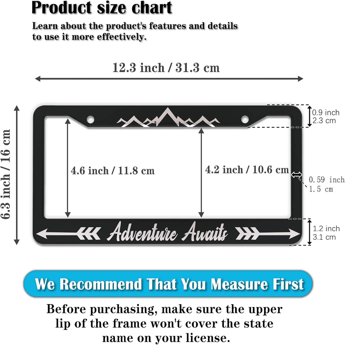 License Plate Frames Black and White Custom License Plate Frame Adventure Awaits Aluminum Metal Car Accessory 2 Pack with Screw Covers Set