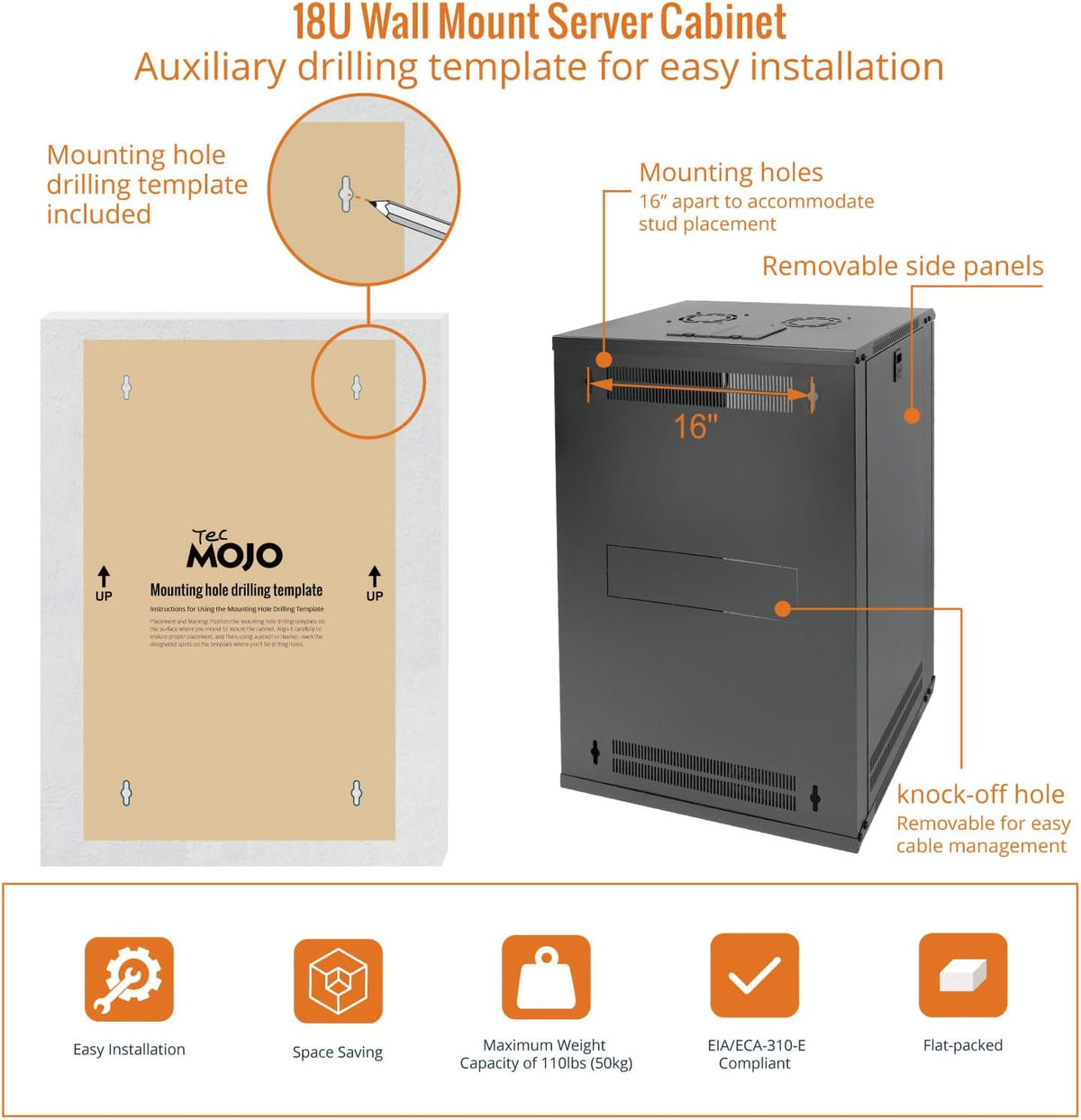 Tecmojo 18U Wall Mount Rack Network Cabinet for 19" IT Equipment,with Lockable Glass Door and Side Panels,Cooling Fan,Black,17.7inch Depth for AV/Computer/Electronics Equipment Data Rack