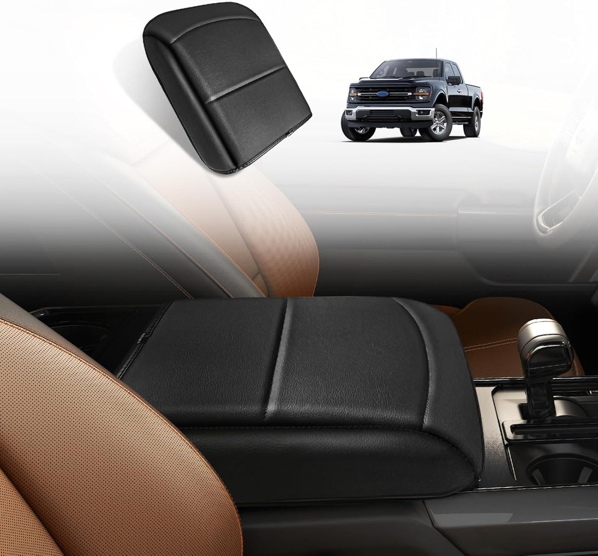 Muslogy Center Console Armrest Cover Compatible with Ford F150 2021-2024 2025 Comfort Armrest Pad Arm Rest Cushion Vegan Leather Protector 1-Inch Extra Thick(Bucket Seat ONLY)
