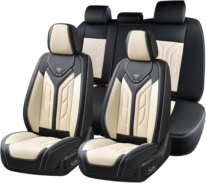 Coverado Seat Covers, Car Seat Covers Full Set, Leather Seat Covers for Cars, Automotive Seat Covers Car Seat Protector Car Accessories Fit for Most Sedans SUV Pick-up Truck(Black&Beige)