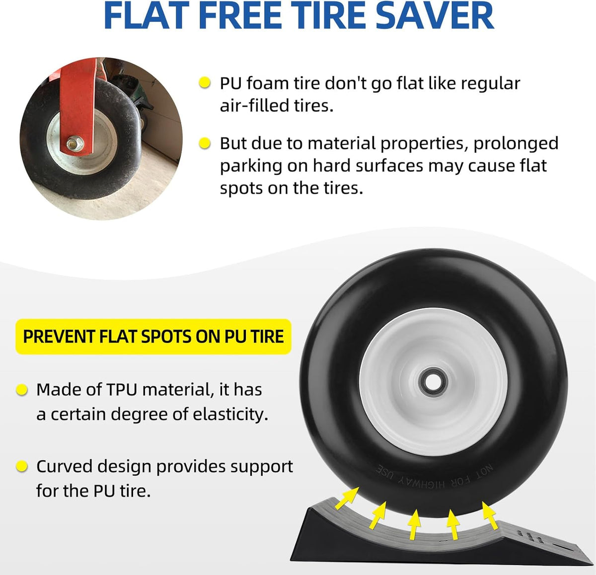 2-Pack Flat Free Tire Saver Ramp for 9-12" PU Foam Tire and Wheel, Non Flat Spots Saver Ramp, Suitable for Lawnmower, Wheelbarrow, and Trailer
