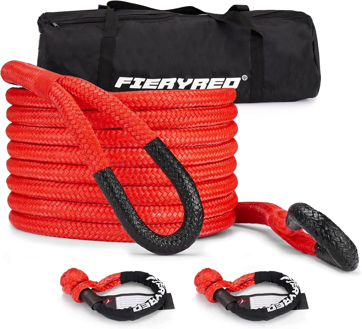 FieryRed 3/4” x 20FT Kinetic Recovery Rope Kit with 2 Soft Shackles, 26500LBS MBS Heavy Duty Tow Rope Snatch Strap Offroad for SUV, Truck, Car and Tractor