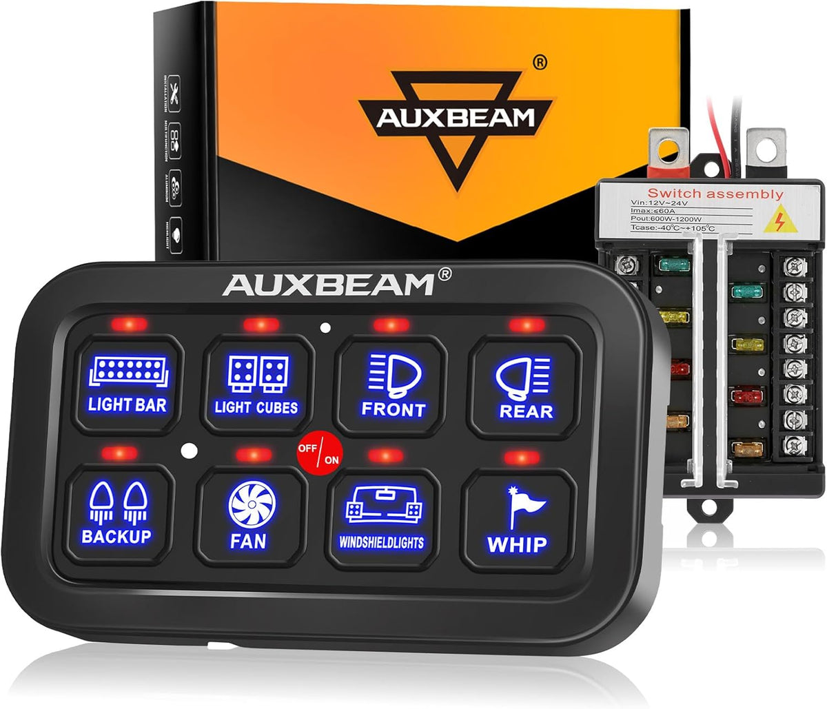 Auxbeam 8 Gang Switch Panel BB80 Universal Circuit Control Relay System Automatic Dimmable LED Switch Control Panel Switch Pod Touch Switch Box for Car Truck Offroad ATV SUV - Blue, 2 Years Warranty