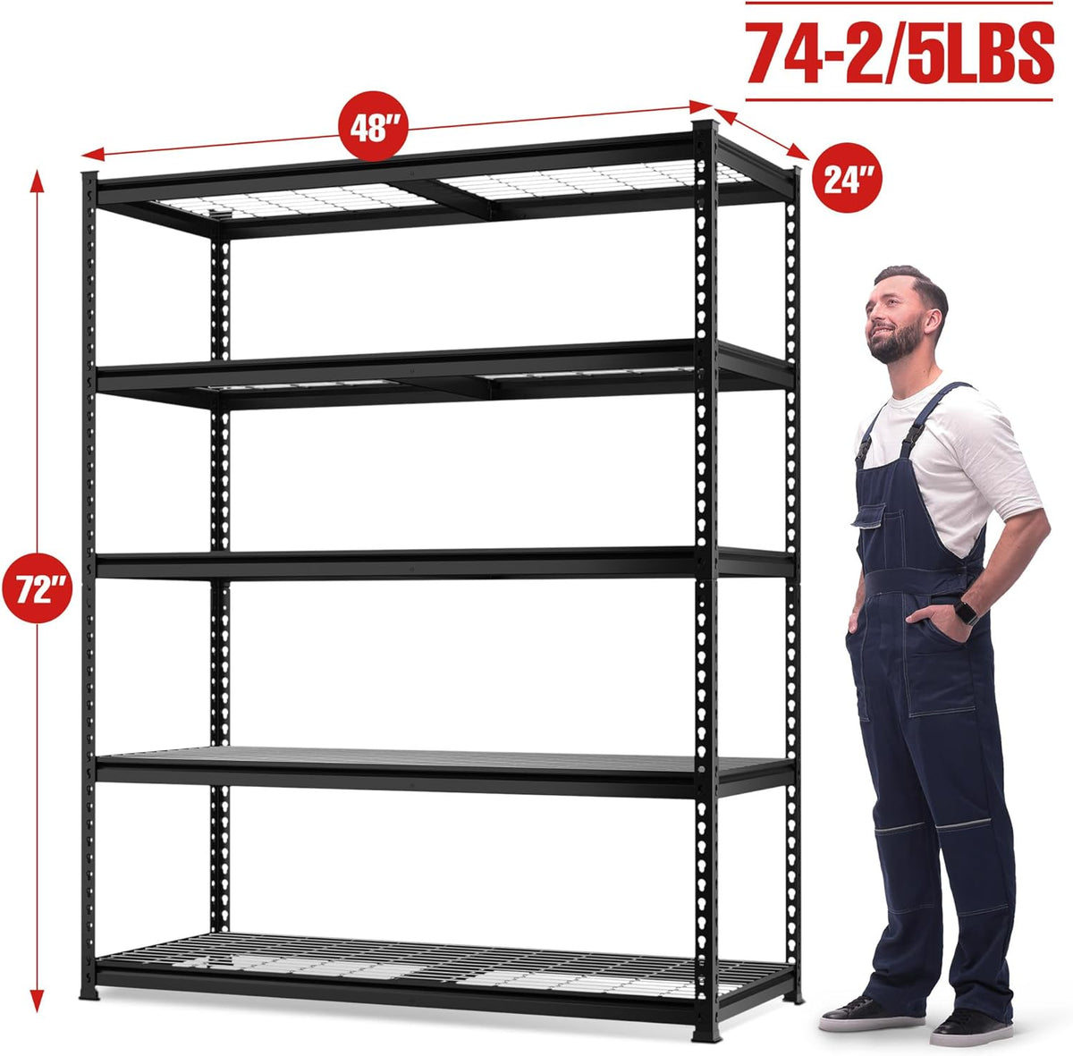 WORKPRO 5-Tier Metal Shelving Unit, 48”W x 24”D x 72”H, Heavy Duty Adjustable Storage Rack, 4000 lbs Load Capacity (Total), for Garage, Basement, Warehouse, Workshop