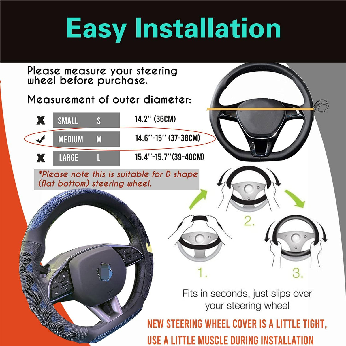 PINCTROT D Shaped 14.5-15 Inch Steering Wheel Cover Great Grip with 3D Honeycomb Anti-Slip Design, Flat Bottom 14.5-15 Inch (Blue)
