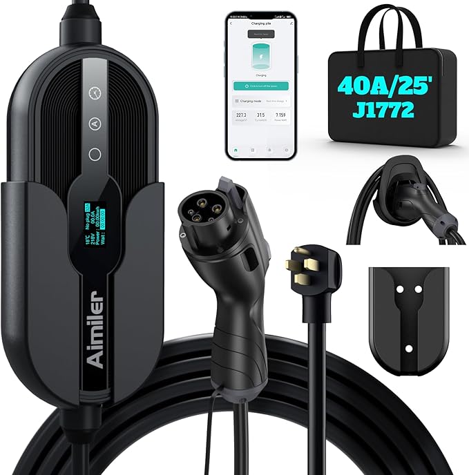 AIMILER Level 2 Electric Vehicle (EV) Charger(WIFI APP/Plug-play), 40A, 25ft Cable ETL Certified, 220V-240V NEMA 14-50P Plug EVSE w/ J1772 Connector, Portable EV Car Charging Stations for Home Level 2