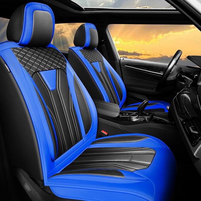 Fit Frontier Car Seat Covers Compatible with Nissan Frontier 2010-2025 2026 - Full Set Premium Leather， Waterproof Breathable， All-Weather Seat Cushion Protecto&Airbag Compatible （Blue & Black