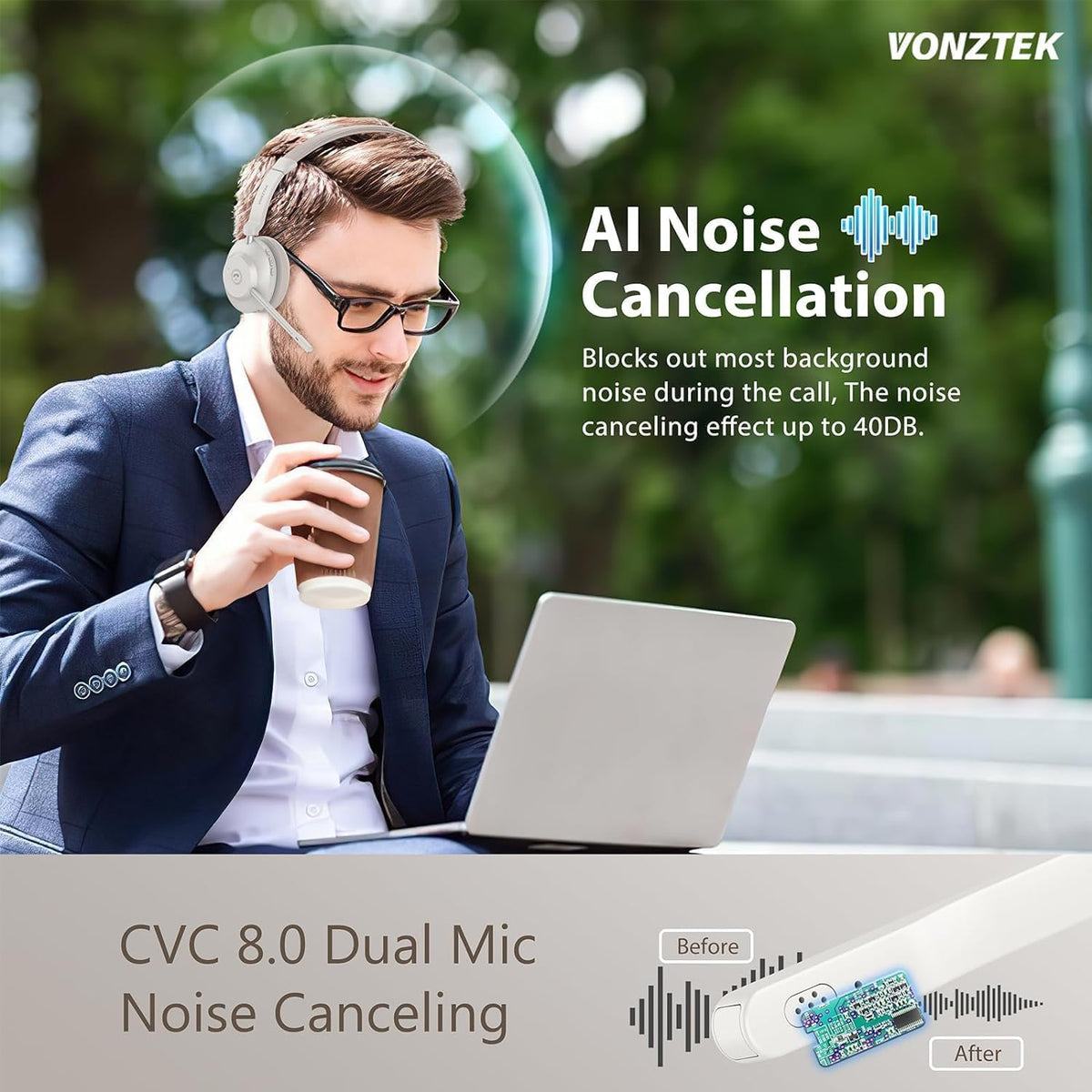 Bluetooth Headset, Wireless Headset with Dual Noise Canceling Microphone for Work &USB Dongle, QCC 5.2 Bluetooth Headphones with Mic Mute/Charge Dock for Computer Cell Phone Office Call Meetings Teams