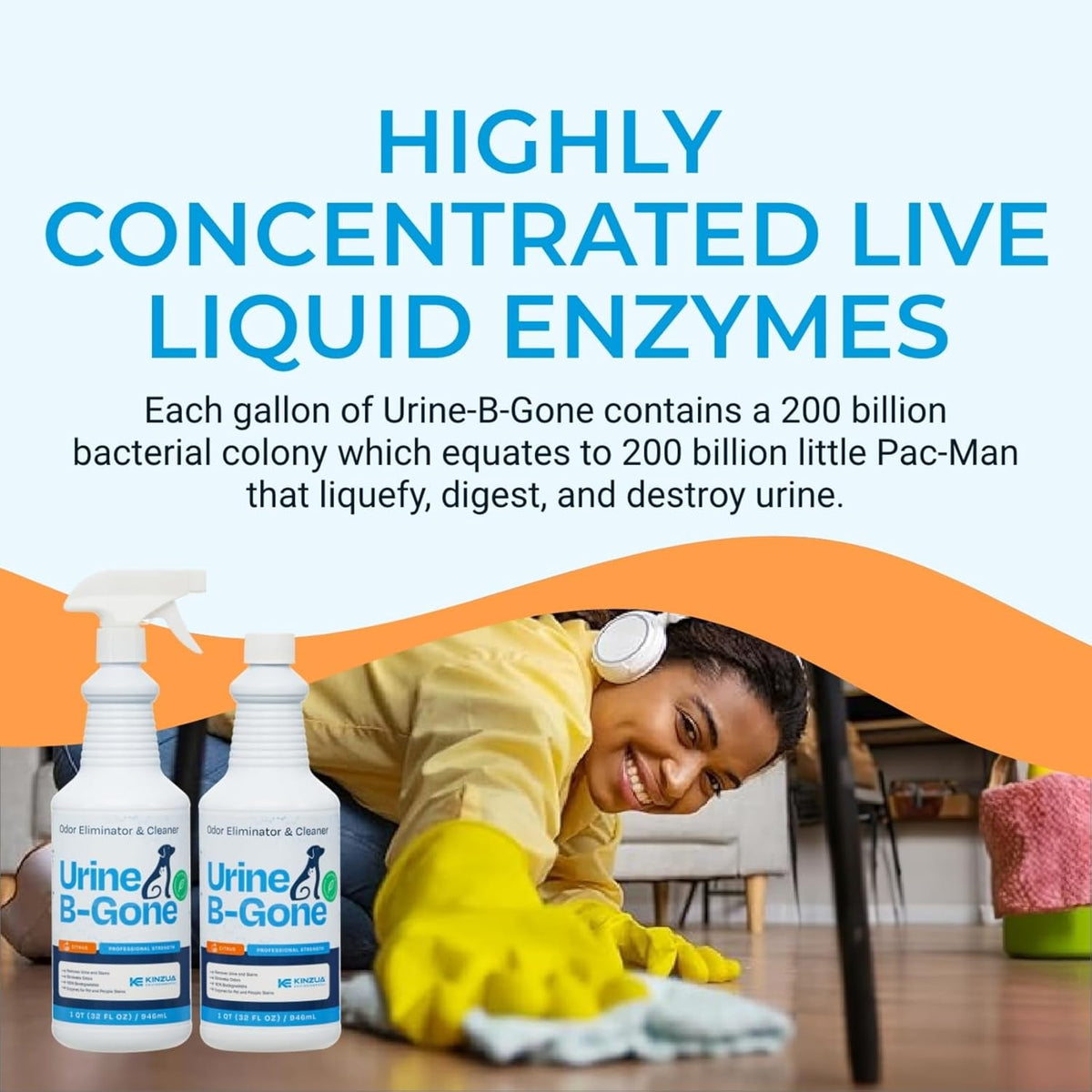 KINZUA ENVIRONMENTAL Urine B-Gone, Professional Enzyme Odor Eliminator & Pet Stain Remover, Human, Cat & Dog Urine Cleaner, Effective on Laundry, Carpets & More, Citrus Scent, 32oz, Pack of Two