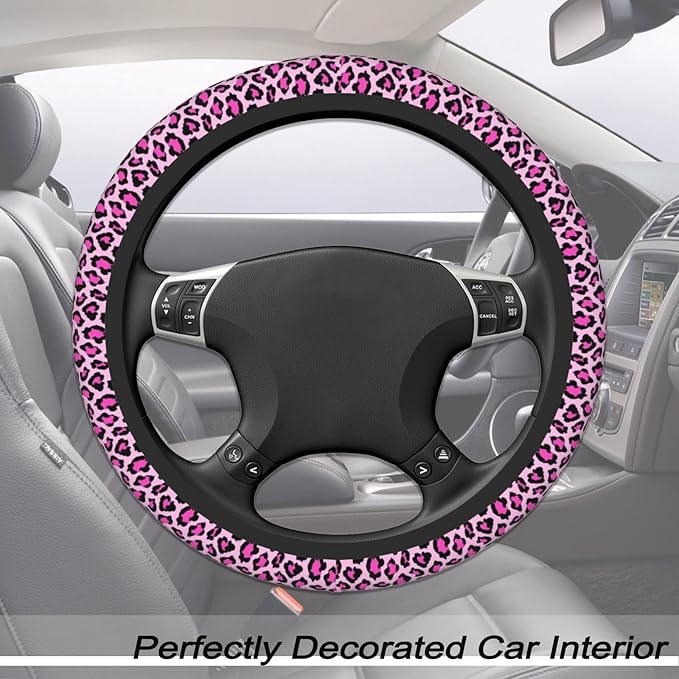 Pink Cheetah Leopard Steering Wheel Cover for Women, Anti-Slip Elastic Breathable Soft Rubber Car Steering Wheel Protective Cover, Universal 15 Inch Fit for Cars, Auto, SUVs
