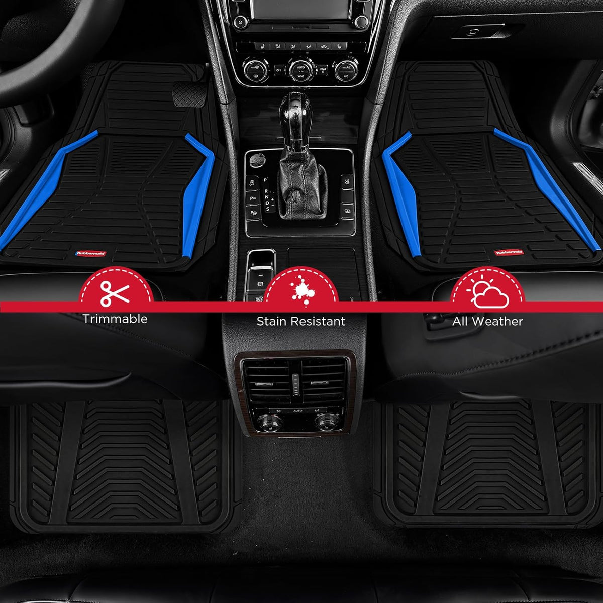Rubbermaid Car Mat Full Set All-Weather Heavy-Duty 4 Pieces– Trim-to-Fit Universal Car Mats Full Set – Waterproof Rubber Floor Liners for Most Trucks, SUVs, Vans, and Sedans-Blue