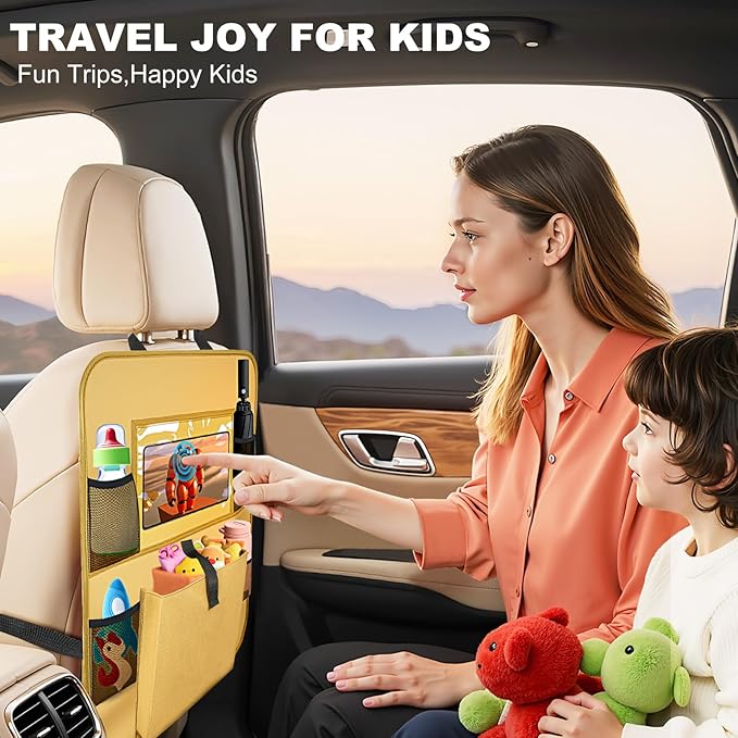Car Backseat Organizer with Tablet Holder, 6 Storage Pockets Seat Back Protectors Kick Mats for Kids, Car Seat Protector for Road Trips 2 Pack (Beige)