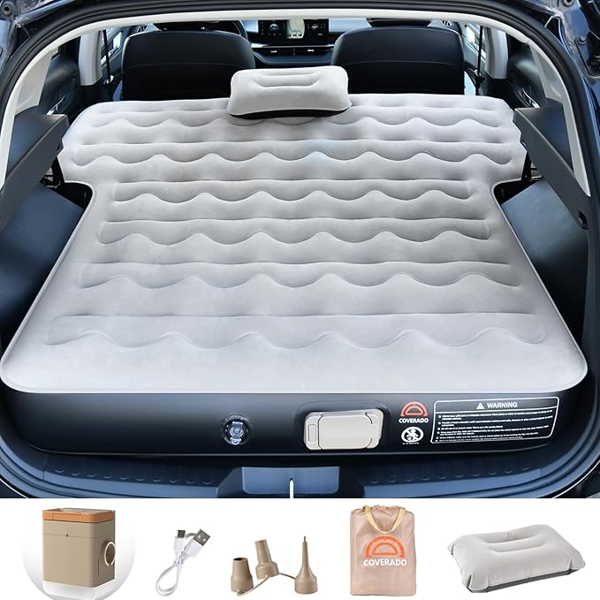 Coverado Car Air Mattress, SUV Air Mattress with Built in Wireless Pump, Comfort Flocking Travel Bed, 5-inch Height SUV Mattress Car Bed Camping, Universal Air Mattress for SUVs, Supports 660lbs