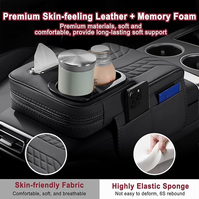 Car Armrest Storage Box for Cadillac SRX 2004–2016 2013 2014 2015, Sport-Style Center Console Organizer with Side Pocket, PU Leather Armrest Cushion, Elbow Support Pad,B White