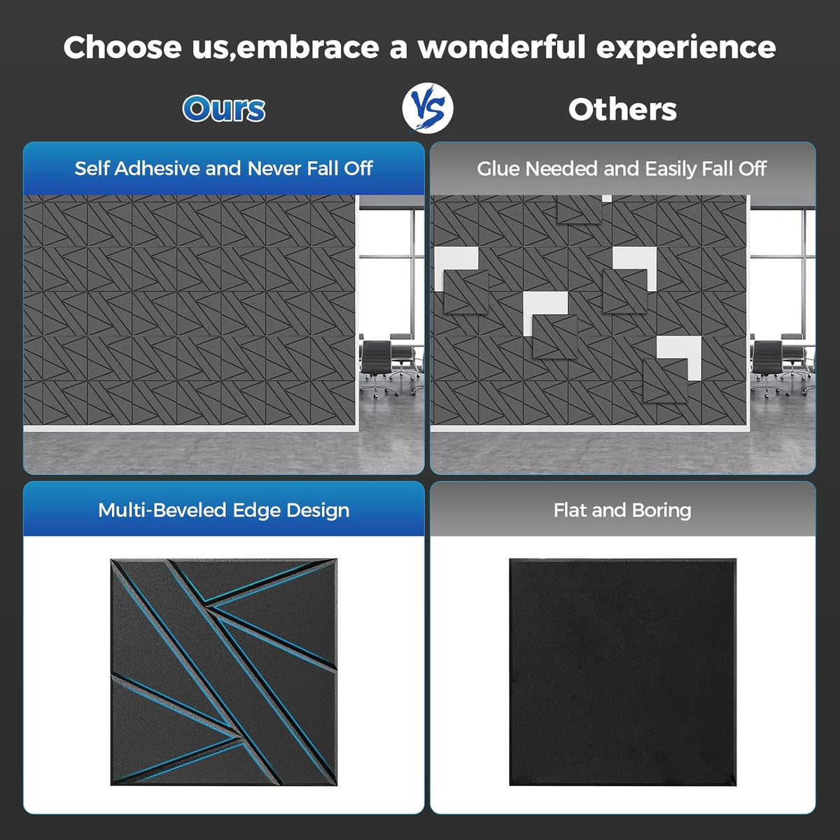 【20 Pack】 Acoustic Panels Self-Adhesive (0.4" Thick | 0.8lb/ft³ Medium Density) - 12x12 Soundproof Foam Tiles for Home Office/Wall Sound Absorption, Noise Reduction Panels Studio Use - Black
