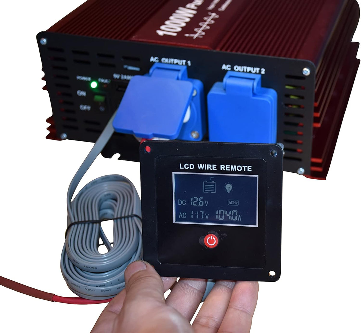 2000W Pure Sine Wave Inverter 12V to 120V AC with 2 AC outlets (IP54 ETL Approved Sockets),DC5V 2 Amp USB Output, LCD Wire Remote kit and OFC Battery Cables,Input terminals Fixing Wrench