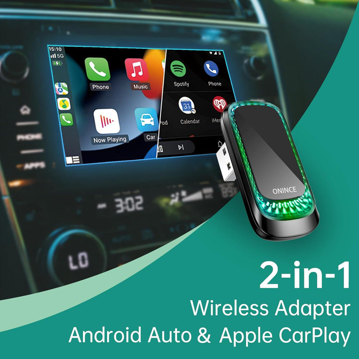 3-in-1 Wireless CarPlay Adapter for Apple CarPlay & Android Auto with RGB Ambient Lighting – Plug & Play - Small USB Dongle Works with Both iPhone and Android Phones, Model Z1 Style-T