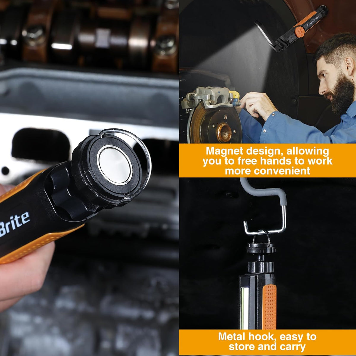 EverBrite 2 Pack LED Rechargeable Work Light, 800LM COB Foldable Flashlight, Magnetic Work Lights with Hanging Hook, 360° & 270° Rotation, 4 Power Indicator Lights - for Car Repair, Home, Emergency