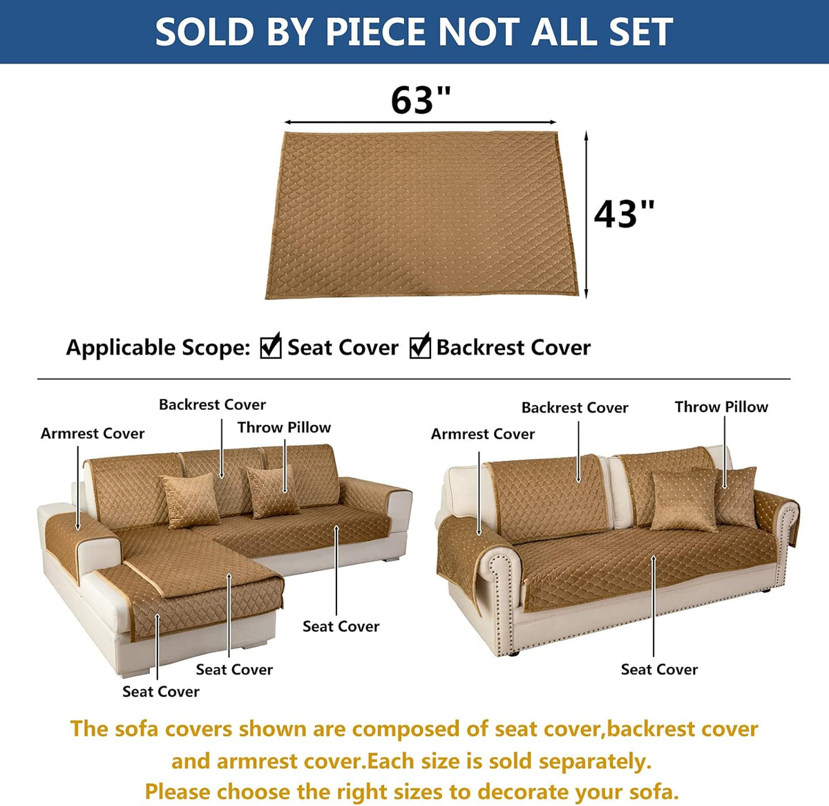 Eismodra Couch Cover,Sectional Couch Covers,Sofa Covers for 3 Cushion Couch,Anti-Slip Sofa Slipcovers for Dogs Cats Kids Loveseat Recliner L Shaped Armrest Backrest,Coffee 43''x63''(Only 1 Piece)