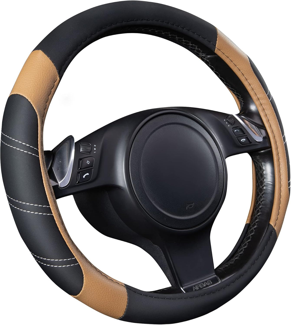 CAR PASS Line Rider Microfiber Leather Sporty 14.5-15 inch Steering Wheel Cover Universal Fits for 95% Truck,SUV,Cars, Anti-Slip Safety Comfortable Design (Black Beige)