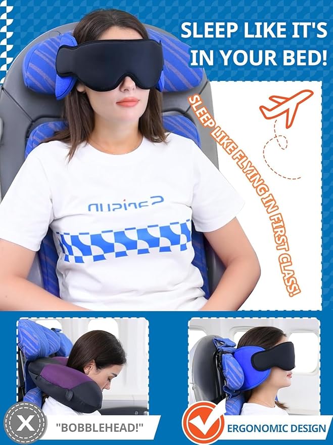 Travel Pillows for Airplanes, Airplane Pillow for Long Flight, Airplane Head Strap with Eye Mask for Sleep, Travel Neck Pillow for Car Road Trip, 360° Support Headrest, Stop Bobblehead, Yellow