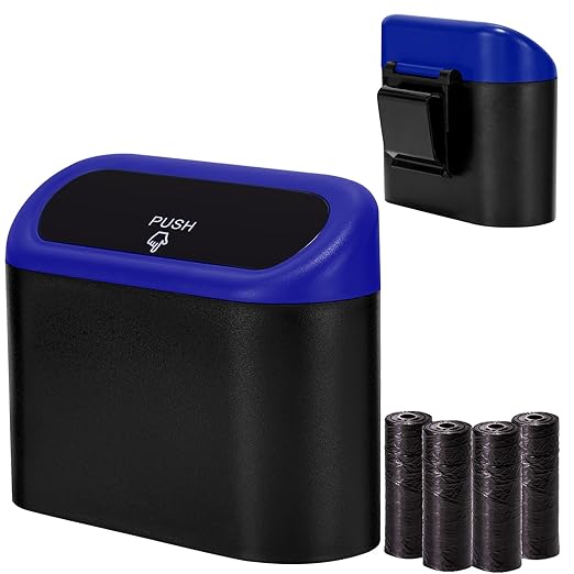 Ginsco Mini Car Trash Can with Lid, Small Car Garbage Can, Cute Leakproof ABS Car Trash Bin, Car Accessories for Interior, Garbage Bin for Car, Home, Office with 60pcs Trash Bags