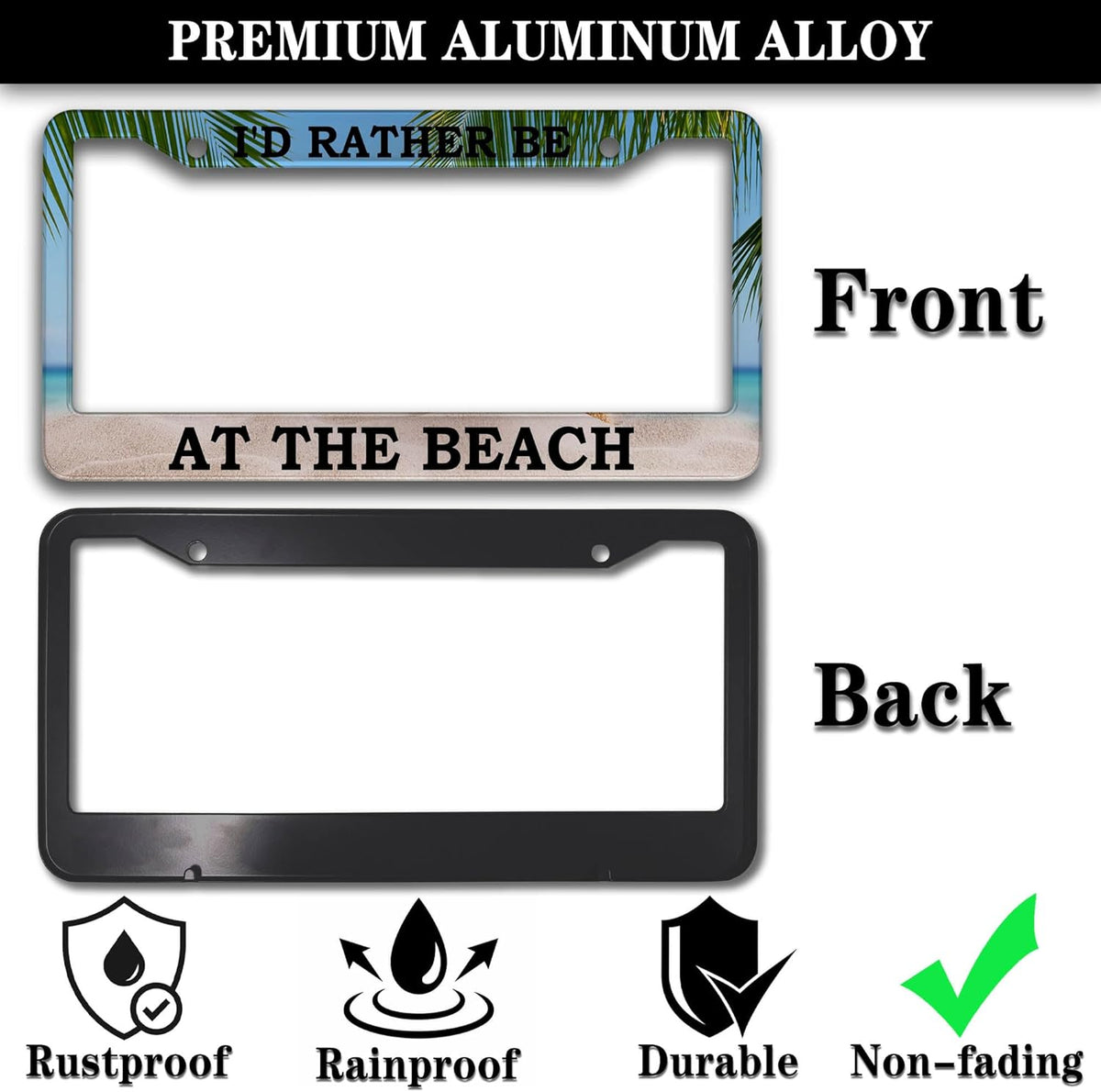 License Plate Frames Multicolor Car License Plate Frame I'd Rather Be at The Beach Universal Aluminum Car Accessory 2 Pack with Screw Covers Set