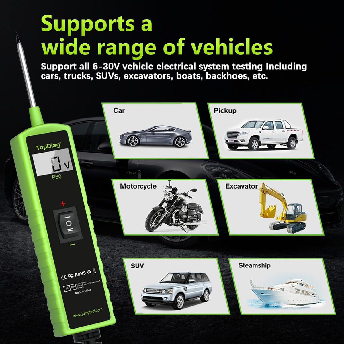 Test Light Automotive Electrical Tool, Topdiag P60 Car Circuit Tester, 12V 24V Power Circuit Probe Kit, 6-30V Vehicle Short Circuit Finder Automobile Voltage Tester, Component Activation Tool