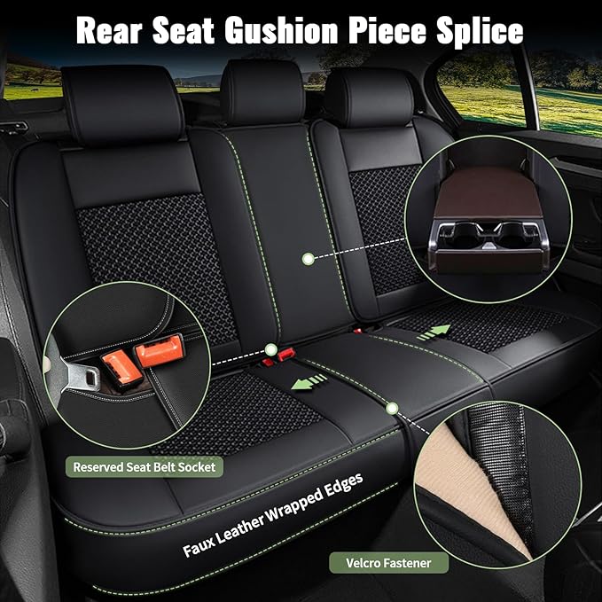 Car Seat Covers Full Set for Honda Pilot 2005-2016: Breathable Cool Ice Silk Leather Seat Covers (Black)