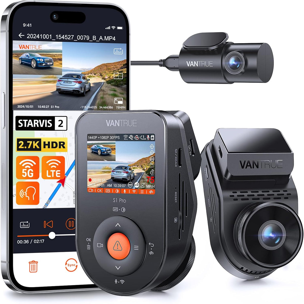 Vantrue S1 Pro Dual 1440P Dash Cam Front and Rear, Dash Camera w/2.7K, STARVIS 2, HDR Night Vision, 5G WiFi, 60FPS, Optional Remote Live View, GPS, Voice Control,24/7 Parking Mode, Support 512GB Max